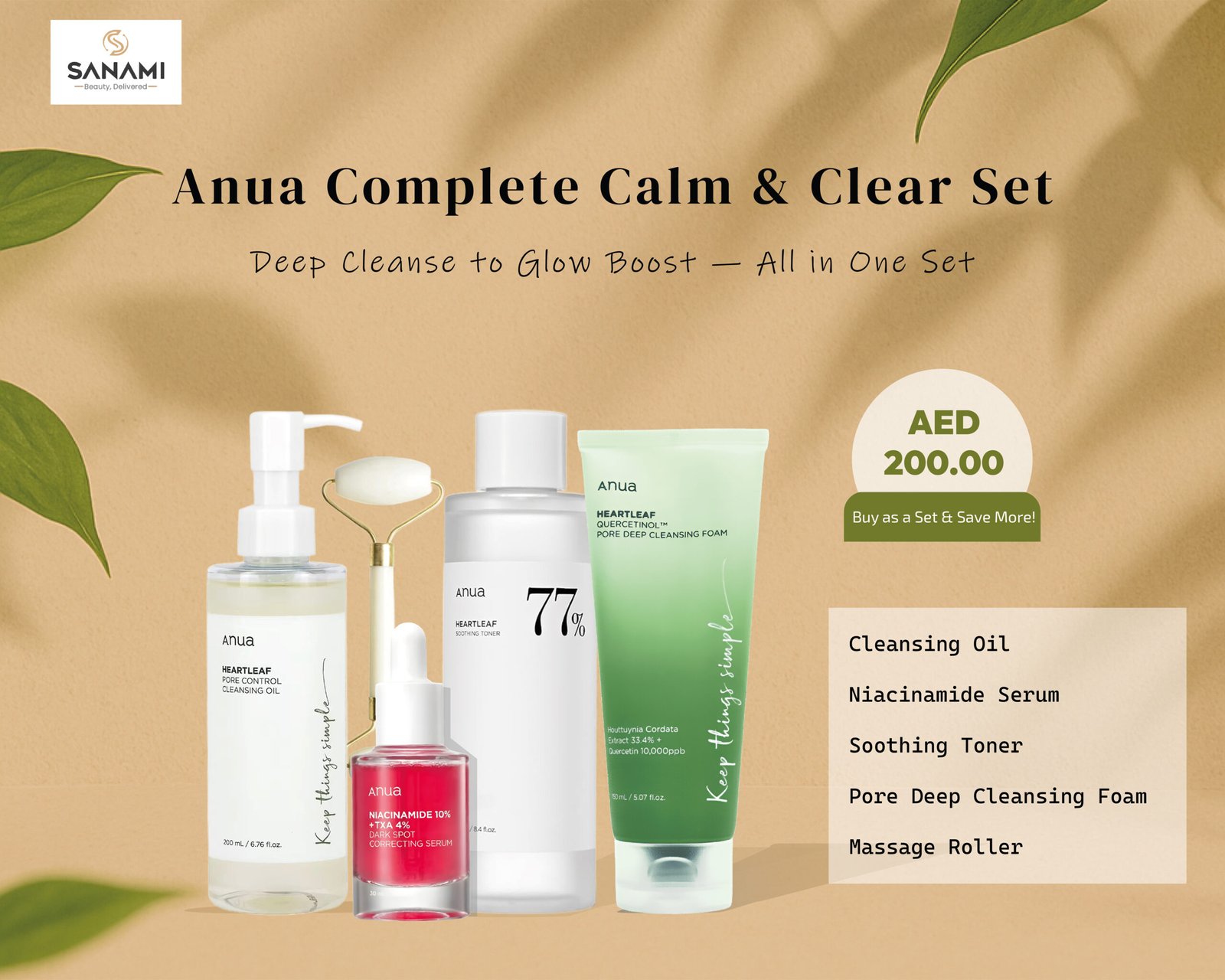 Complete Pack Pore Control Cleansing Oil - Niacinamide Serum 10% - 77% Soothing Toner PH 5.5 - Pore Deep Cleansing Foam - & Massage Roller Korean Beauty Facial Care 630ml