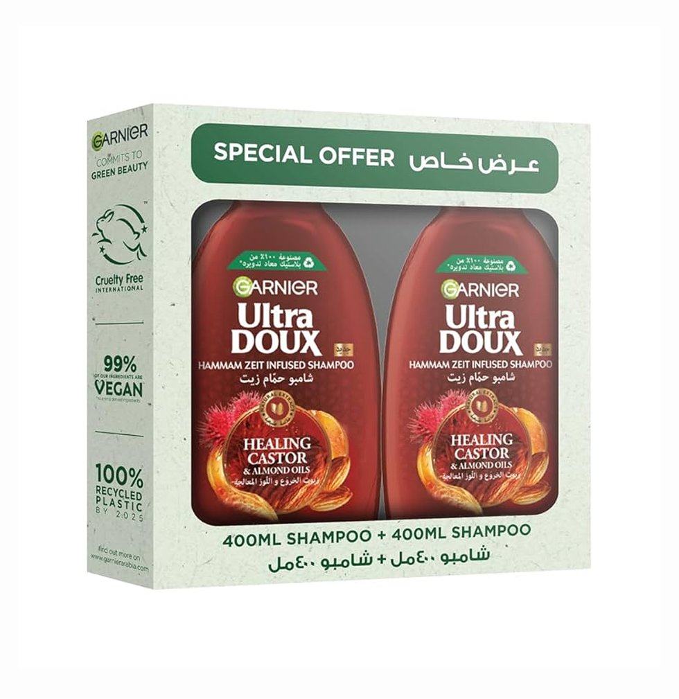 Garnier Ultra Doux Hammam Zeit Infused Restoring Castor & Almond Oil Shampoo 2 X 400ml