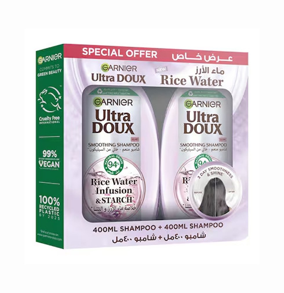 Garnier Ultra Doux Smoothing Rice Water Infusion Starch Shampoo 2 X 400ml