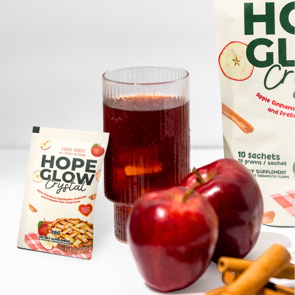 Luna Aura Hope Glow Crystal Apple Cinnamon Kombucha Probiotic and Prebiotic Fiber Juice Drink