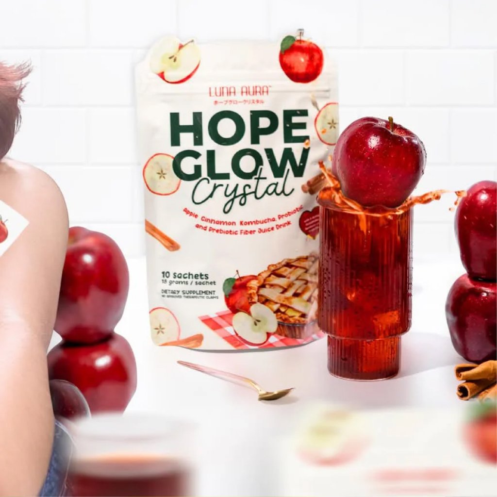 Luna Aura Hope Glow Crystal Apple Cinnamon Kombucha Probiotic and Prebiotic Fiber Juice Drink