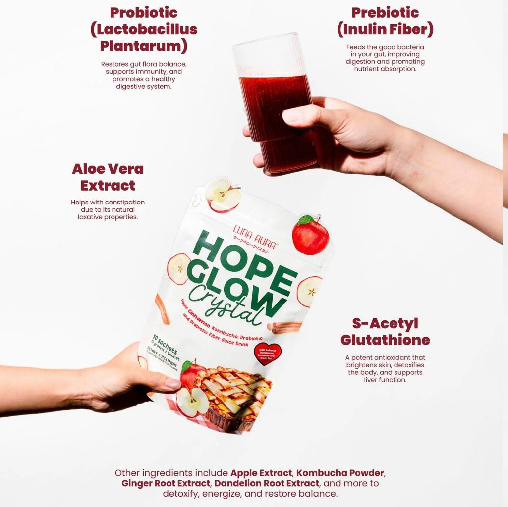 Luna Aura Hope Glow Crystal Apple Cinnamon Kombucha Probiotic and Prebiotic Fiber Juice Drink